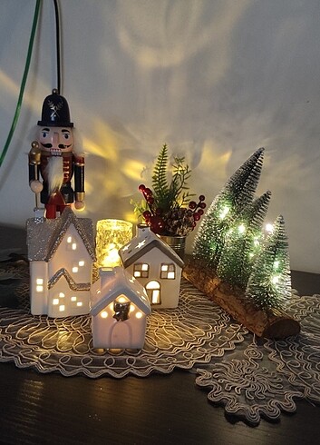 LED ışıklı 3lü çam ağacı ahşap dekor