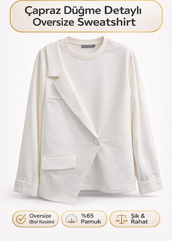 Çapraz Düğme Detaylı Oversize Sweatshirt - Görsel 3