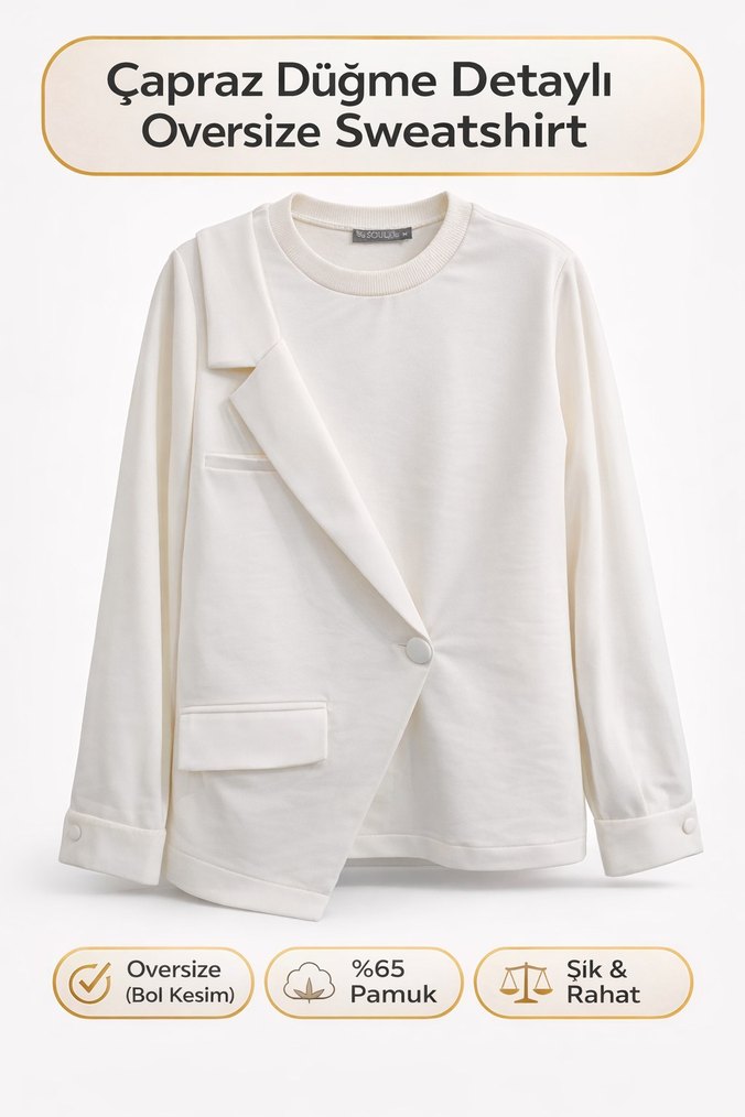 Çapraz Düğme Detaylı Oversize Sweatshirt - Görsel 3