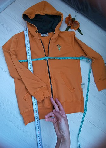 10 Yaş Beden Erkek Çocuk Turuncu Kapüşonlu Fermuarlı Sweatshirt