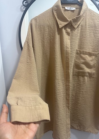 Zara Bej Keten Kadın Gömlek, Düğmeli, Uzun Kollu