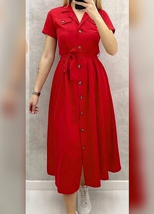 Kırmızı yazlık keten elbise 