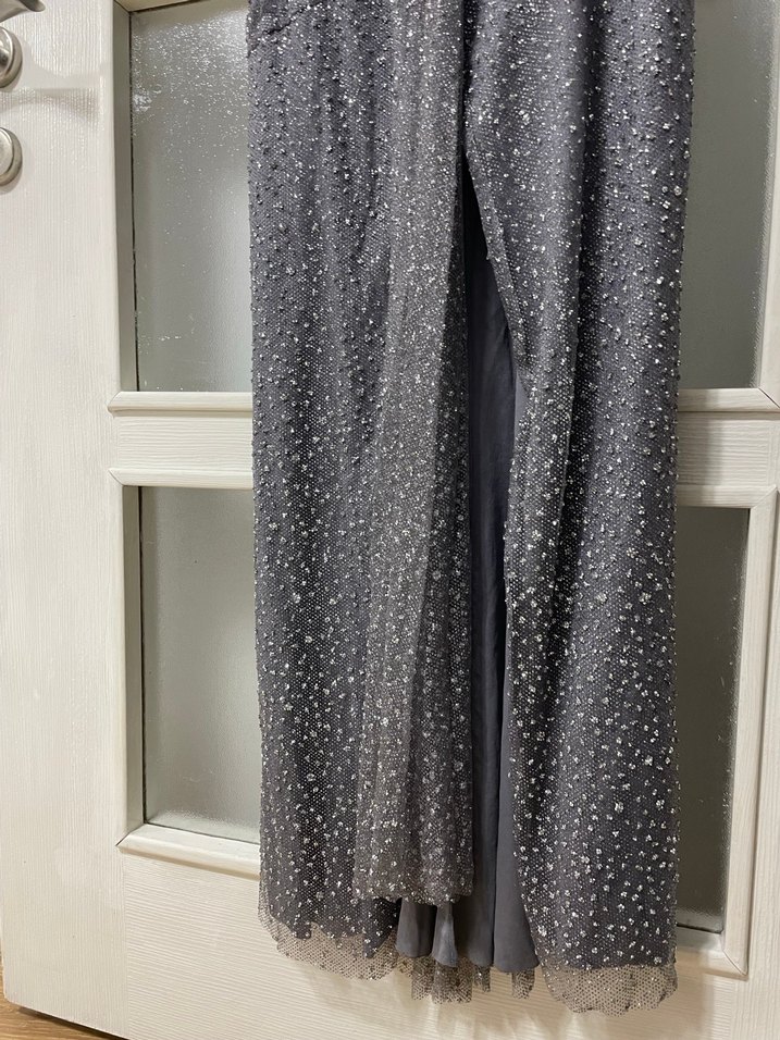 Gri İşlemeli Drapeli Straplez Abiye Elbise - Görsel 5