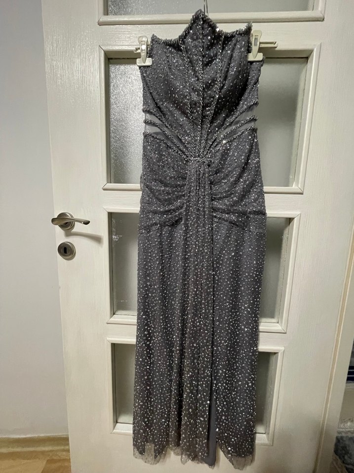 Gri İşlemeli Drapeli Straplez Abiye Elbise - Görsel 3