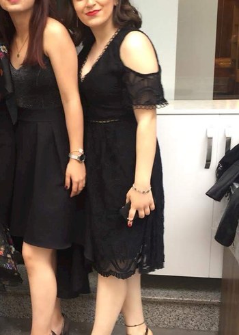 Dantel İşlemeli Siyah Midi V-Yaka Elbise - Görsel 6