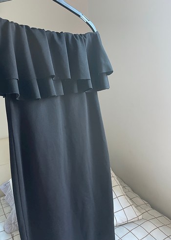 Siyah Straplez Fırfırlı Midi Elbise - Görsel 2