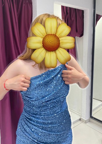 Mavi Drapeli Uzun Straplez Abiye Elbise - Görsel 2