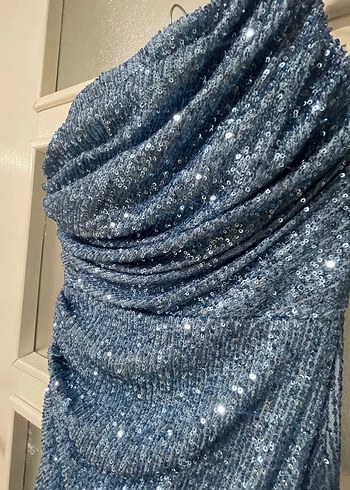 Mavi Drapeli Uzun Straplez Abiye Elbise - Görsel 4