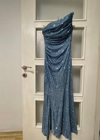 Mavi Drapeli Uzun Straplez Abiye Elbise - Görsel 3