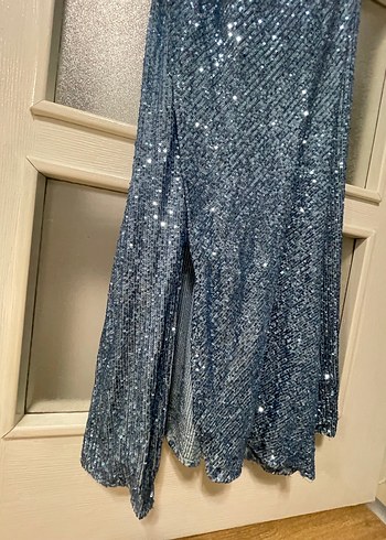 Mavi Drapeli Uzun Straplez Abiye Elbise - Görsel 5