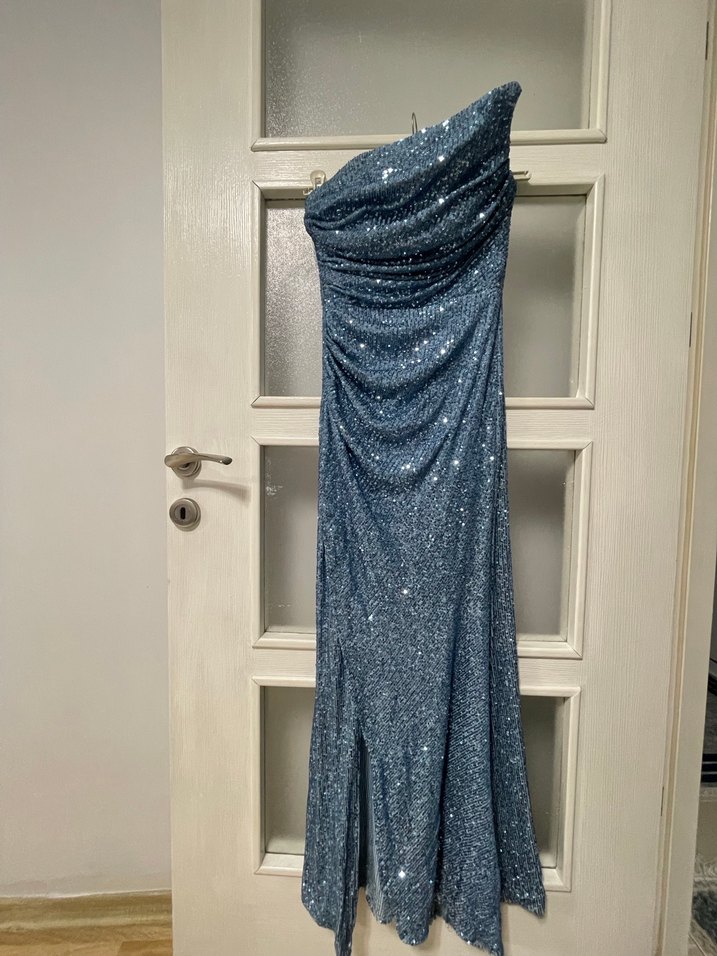 Mavi Drapeli Uzun Straplez Abiye Elbise - Görsel 3