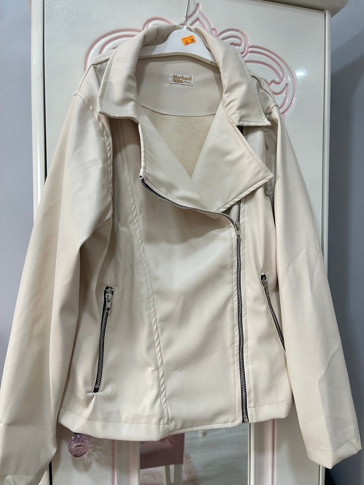 Beyaz Deri Fermuarlı Ceket - Görsel 3