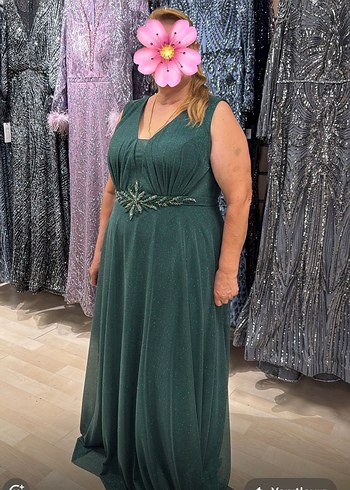 V Yaka  Uzun Simli Kumaşlı Yeşil Abiye Elbise - Görsel 2
