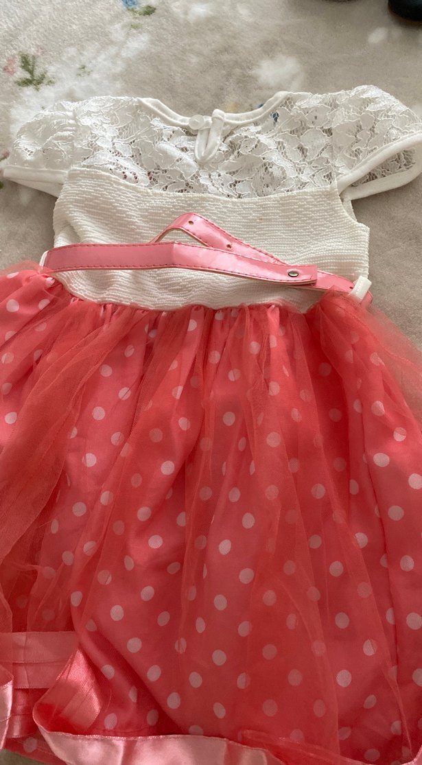 Kız Çocuk Pembe Puantiyeli Dantel Elbise - Görsel 3