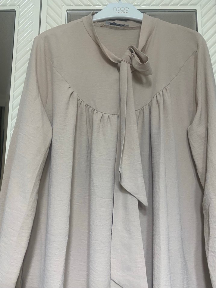 Bej Uzun Kollu Kadın Keten Tunik - Görsel 2