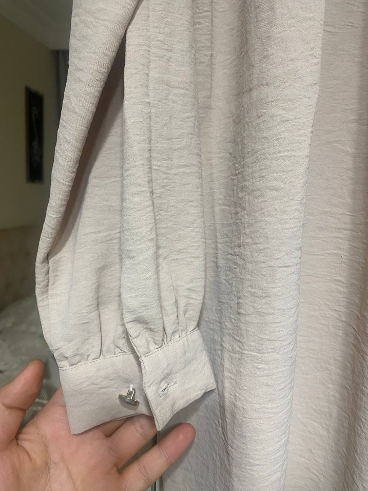 Bej Uzun Kollu Kadın Keten Tunik - Görsel 5