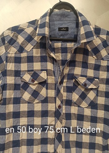 l Beden Mavi Beyaz Kareli Kısa Kollu Erkek Gömlek