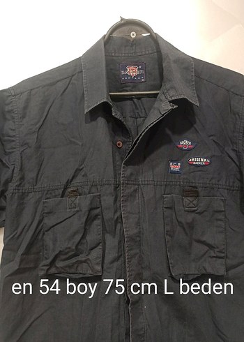 l Beden Siyah Kısa Kollu Denim Erkek Gömlek