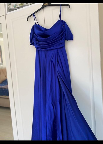 Uzun Parlak Lacivert Drapeli Abiye Elbise - Görsel 4
