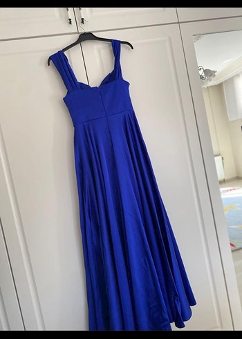 Uzun Parlak Lacivert Drapeli Abiye Elbise - Görsel 5