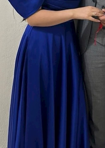 Uzun Parlak Lacivert Drapeli Abiye Elbise - Görsel 2