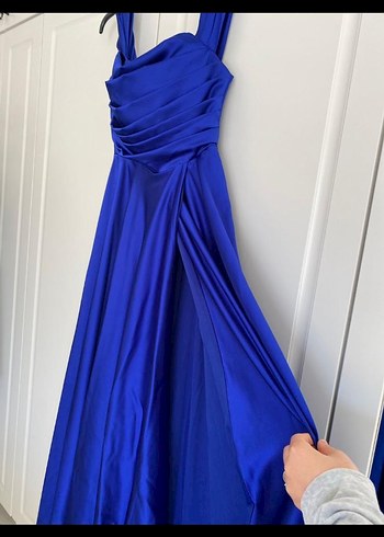 Uzun Parlak Lacivert Drapeli Abiye Elbise - Görsel 3