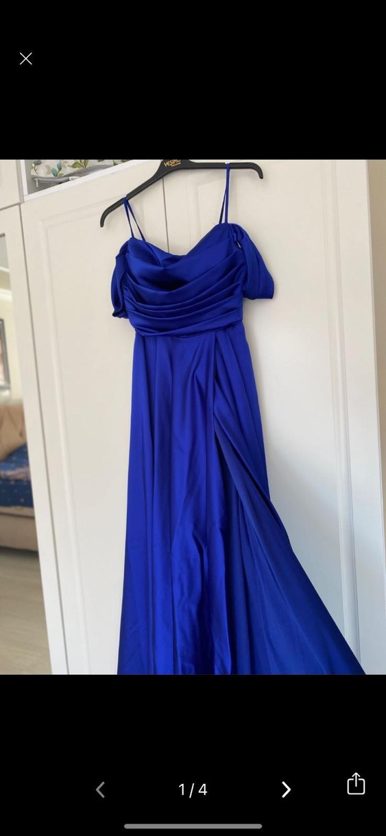 Uzun Parlak Lacivert Drapeli Abiye Elbise - Görsel 4