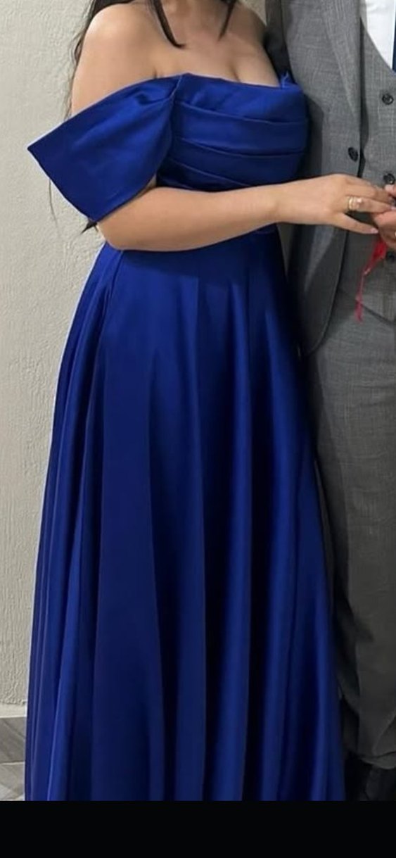 Uzun Parlak Lacivert Drapeli Abiye Elbise - Görsel 2