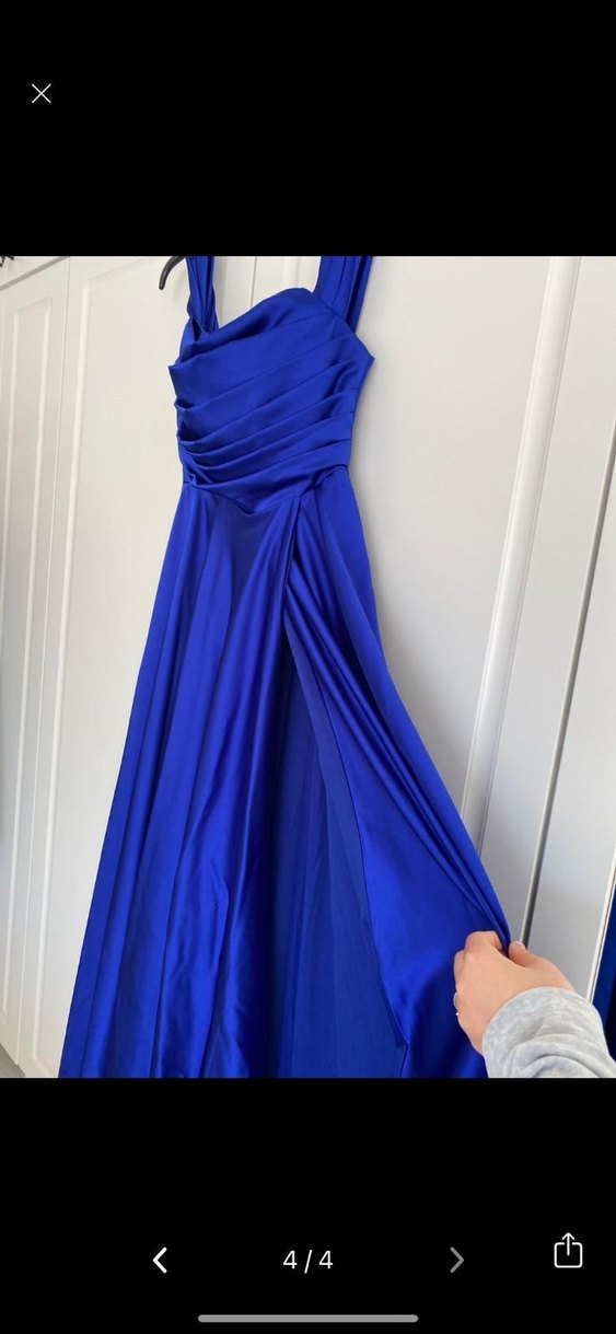 Uzun Parlak Lacivert Drapeli Abiye Elbise - Görsel 3