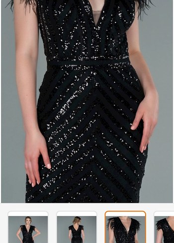 Tüy Detaylı Siyah Uzun Abiye Elbise - Görsel 2