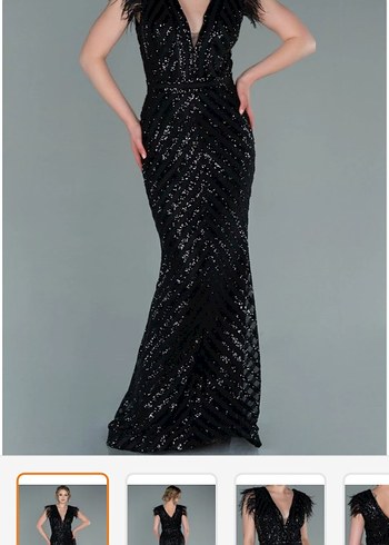 Tüy Detaylı Siyah Uzun Abiye Elbise - Görsel 3