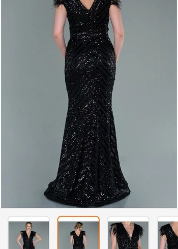 Tüy Detaylı Siyah Uzun Abiye Elbise - Görsel 5