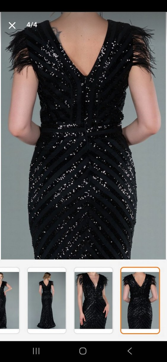 Tüy Detaylı Siyah Uzun Abiye Elbise - Görsel 4