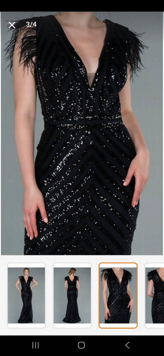 Tüy Detaylı Siyah Uzun Abiye Elbise - Görsel 2