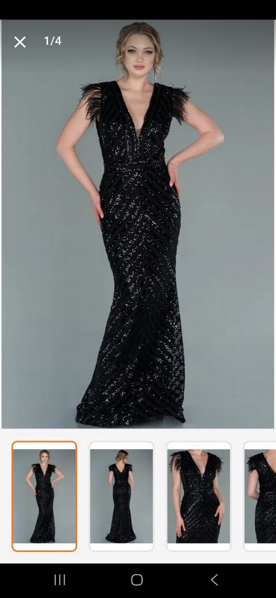 Tüy Detaylı Siyah Uzun Abiye Elbise - Görsel 3