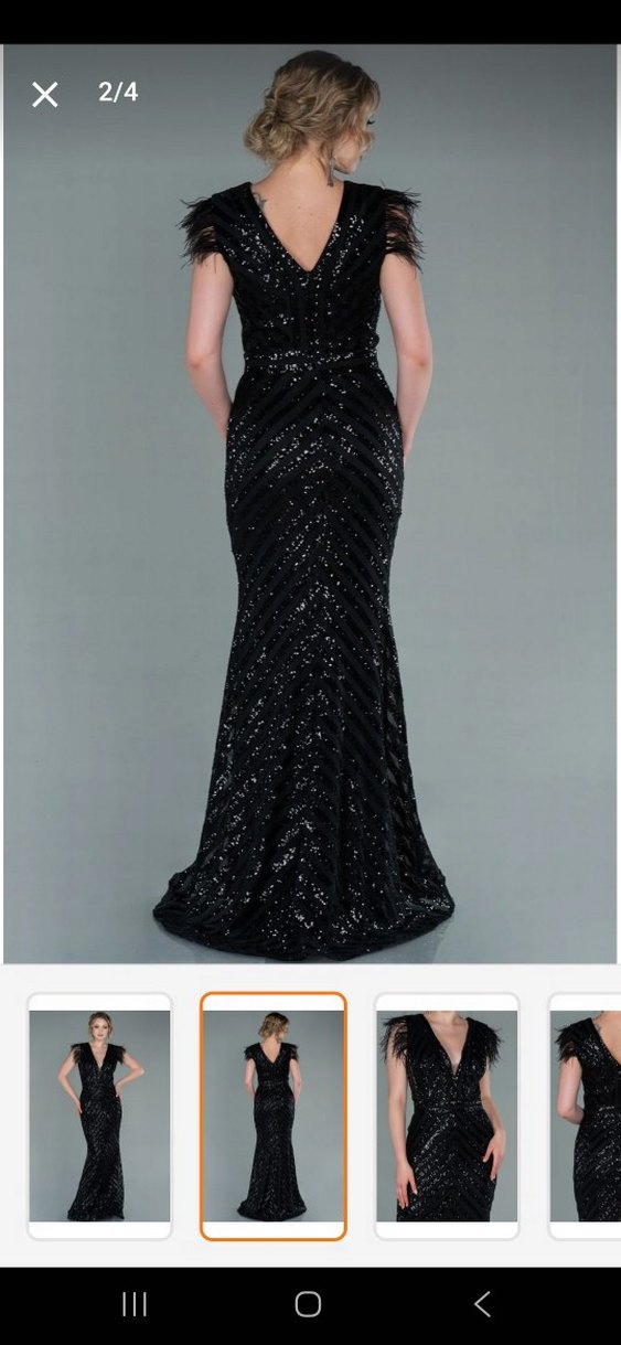 Tüy Detaylı Siyah Uzun Abiye Elbise - Görsel 5