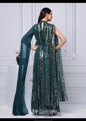 Yeşil Uzun İşlemeli Drapeli  Abiye - Görsel 2