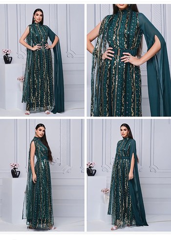 Yeşil Uzun İşlemeli Drapeli  Abiye - Görsel 3