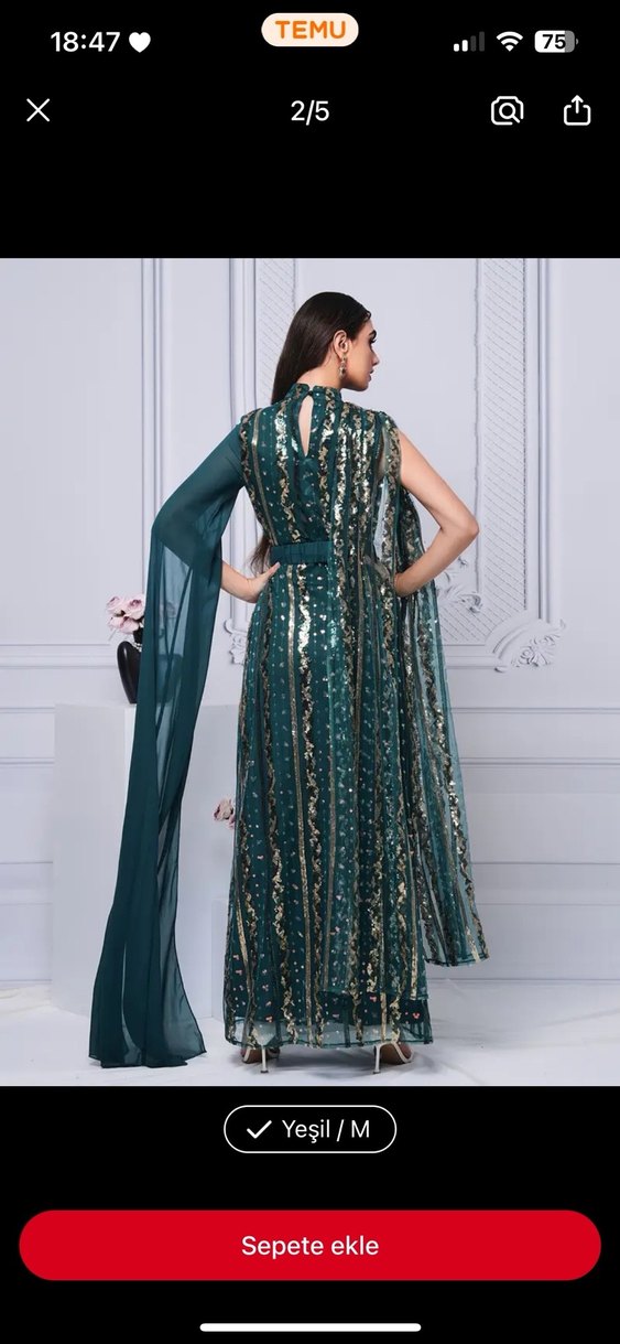 Yeşil Uzun İşlemeli Drapeli  Abiye - Görsel 2