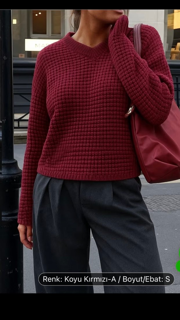 Bordo V Yaka Örgü Kadın Kazak - Görsel 2