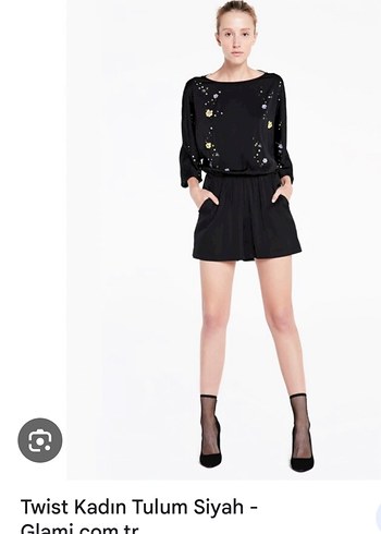 Nakış Detaylı Siyah Mini Tulum - Görsel 3