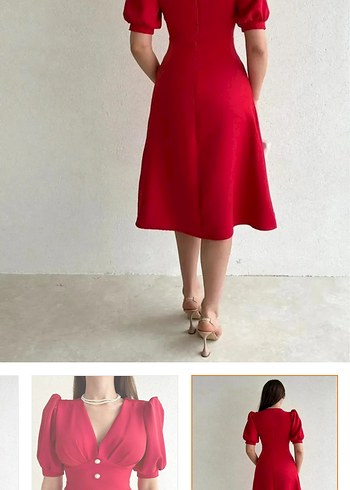 Klasik Kırmızı Midi Abiye Elbise - Görsel 3