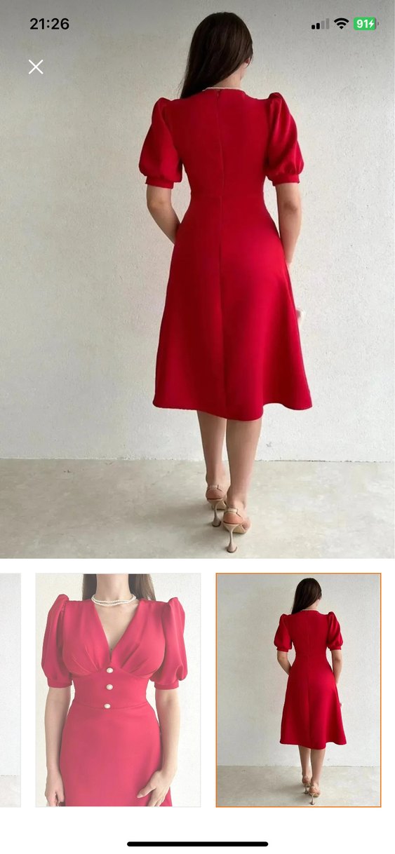 Klasik Kırmızı Midi Abiye Elbise - Görsel 3
