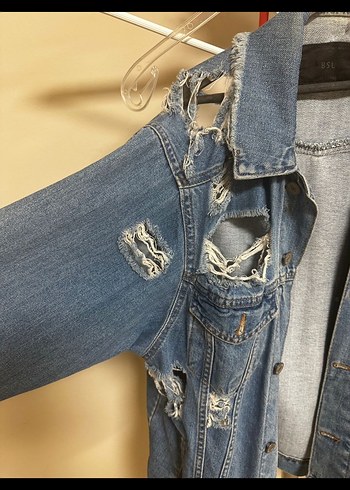 Yıpratılmış Bol Kesim Mavi Denim Ceket - Görsel 4