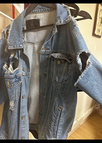Yıpratılmış Bol Kesim Mavi Denim Ceket - Görsel 2