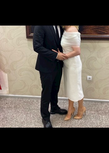 Beyaz Straplez Midi Düğün Elbisesi - Görsel 2