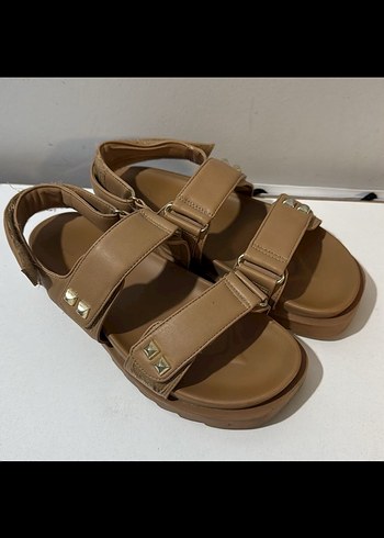 Bej Deri Kadın Dolgu Topuklu Sandalet - Görsel 4