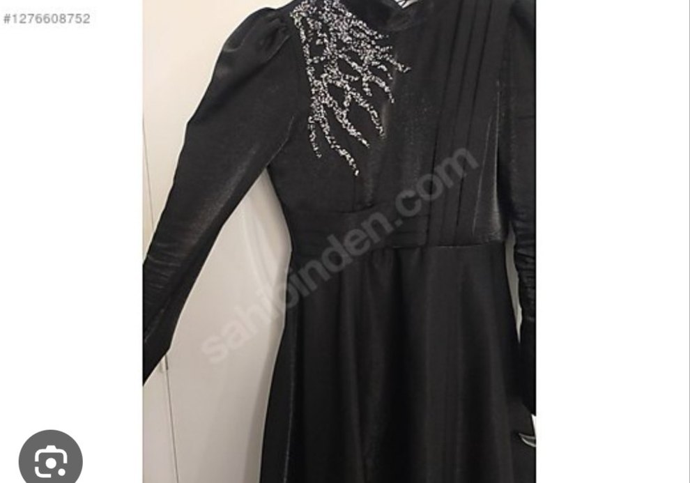 Siyah İşlemeli Uzun Kollu Uzun Abiye Elbise - Görsel 3