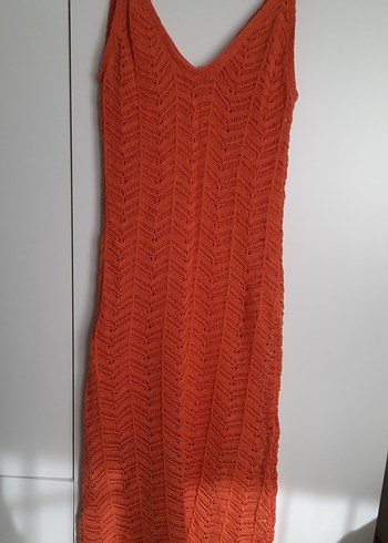 V Yaka Turuncu Örgü Bohem Elbise - Görsel 2