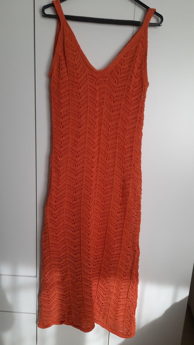 V Yaka Turuncu Örgü Bohem Elbise - Görsel 2